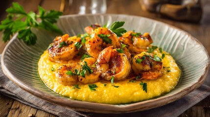Creamy shrimp and grits plated elegantly with saut&eacute;ed shrimp in garlic butter over fluffy yellow grits, garnished with fresh parsley on a textured ceramic plate, soft natural daylight