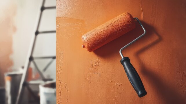 Freshly painted terracotta wall texture with painting roller tool indoors