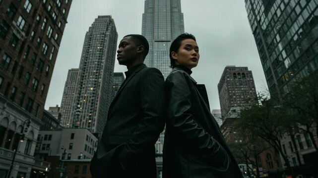 Stylish multicultural models stand back to back in cityscape fashion editorial shoot