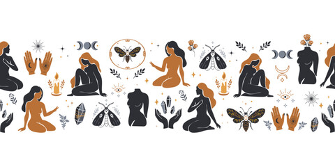 Mystical Bohemian Pattern Border with Female Silhouettes Crystals, Hands, and Moon Phases.Ethnic pattern with female silhouettes, hands, moths, crystals, and botanical elements. Vector illustration