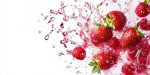 Strawberry Splash: Juicy, ripe strawberries burst into a vibrant splash of water, creating a refreshing and delicious image.