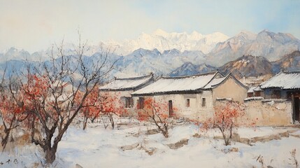 Snow Rhythm and Red Fruits in Winter Village - Quiet Cottages and Winter Sunshine against Snow Mountain Background