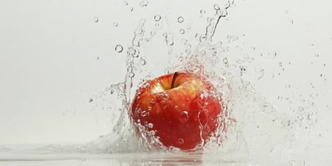 Apple Splash: A vibrant splash envelops a crisp, red apple as it hits the water's surface, capturing a fleeting moment of freshness and vitality.