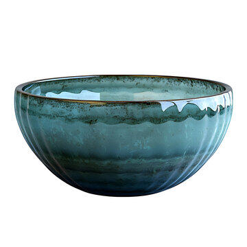 Ancient Parthian glass bowl, 2nd century BCE, shallow form with ribbed decoration, opalescent blue-green tones, isolated on a white background