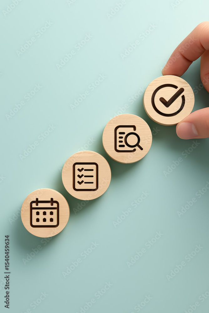 Aufkleber concepts planning organization and verification are symbolized by wooden blocks bearing productivity