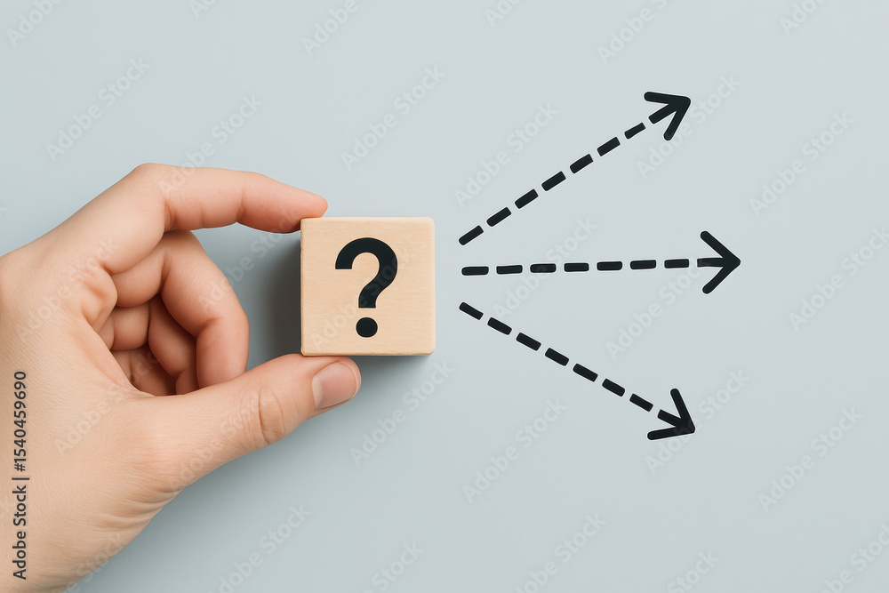 Poster a holding a cube marked with a question symbol represents decision-making in business highlighting c