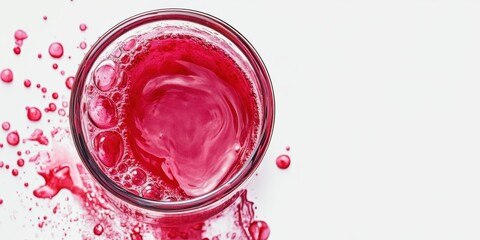 Swirling Crimson: A vibrant top-down shot captures a glass filled with an eye-catching crimson liquid, featuring intricate swirls and textures, suggestive of refreshing drinks.