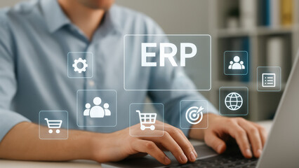 Innovation drives the management enterprise resources using a sleek laptop and intuitive digital interface in a professional setting