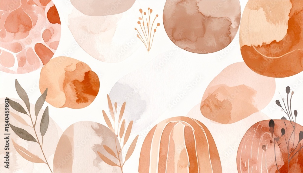 Poster rustic boho watercolor backdrop concept. abstract patterns of earthy tones with leaves and shapes.