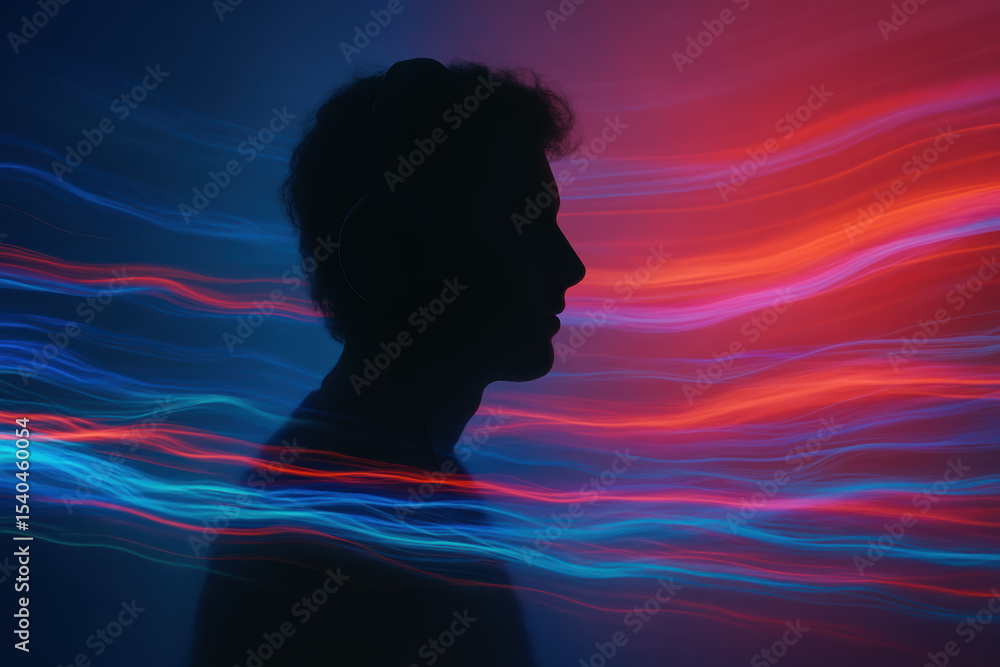 Poster a silhouette immersed in dynamic light trails evokes innovation and creativity within a modern techn