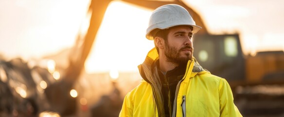 The confident construction worker in a yellow jacket against a sunset backdrop.