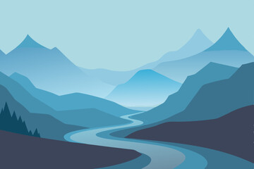 Serene Blue Mountain River Landscape A Misty Valley Illustration