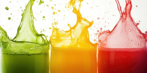 Rainbow Splash: A vibrant spectacle unfolds as three glasses brim with juices, their colorful contents erupting in an explosion of freshness.