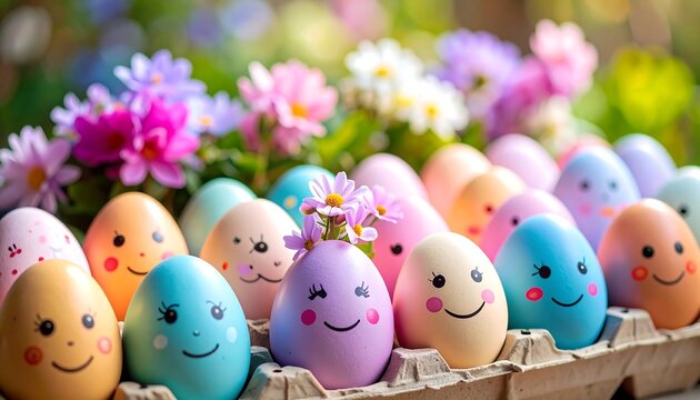 Happy Easter eggs spring flowers. - Powered by Adobe