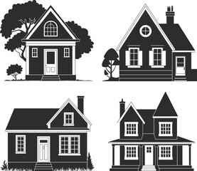 Assorted House Silhouette Collection: Variety of Black and White Home Illustrations for Real Estate, Architecture, and Suburban Living Concepts
