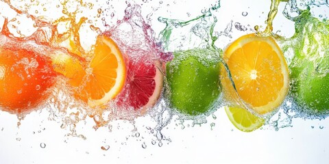 Rainbow Splash of Fresh Citrus: Slices of oranges, limes, and other vibrant citrus fruits burst forth amidst a refreshing splash of water, showcasing their juicy interiors and invigorating colors.