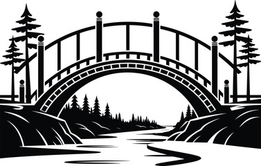 Naklejka premium Tranquil Arch Bridge Landscape Silhouette: Scenic River with Pine Trees and Elegant Architecture, Ideal for Nature, Travel, and Outdoor Designs