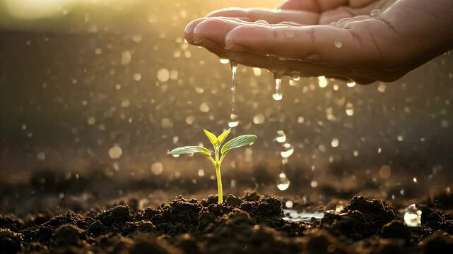 Hands nurturing a young plant sprout with water in rich soil