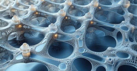 Intricate fractal pattern. Blue, white hues create complex network. Abstract design evokes cellular structures, organic forms.