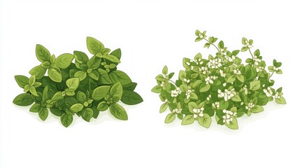 Obraz premium Oregano and thyme in cartoon bundle vector, white background, minimal shadows