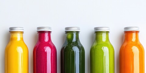 Colorful Array of Juices: A vibrant display of five glass bottles each brimming with a different hue of fresh, healthy juice, arranged to showcase a spectrum of natural colors.