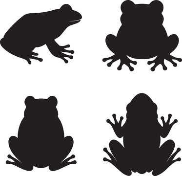 Frog silhouette icons set side, front, back, and top views vector art illustration