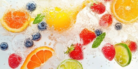 Refreshing Burst of Fruity Delight: A vibrant explosion of fresh fruits - strawberries, blueberries, oranges, lemon, and lime - seemingly suspended mid-air.
