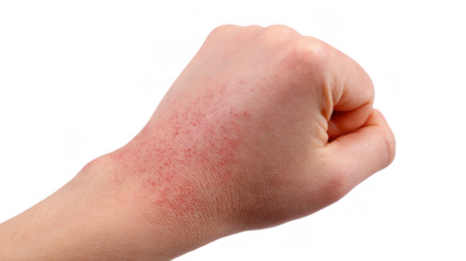 Red rash spreading across hand and arm, highlighting potential allergic reaction or skin irritation, set against a transparent background for clear visibility