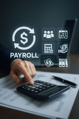 A digital interface illustrates payroll management with financial calculations and teamwork concepts for business efficiency