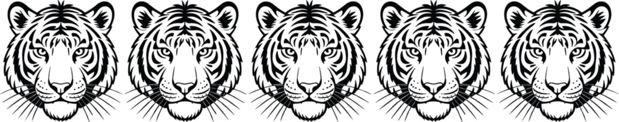 Fierce Tiger Head Silhouettes with Detailed Stripes, Ideal for Wildlife, Animal, and Majestic Designs