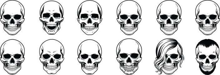  Assorted Human Skull Silhouettes with Different Facial Expressions, Ideal for Halloween and Macabre Designs