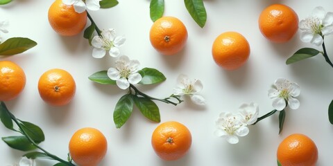 Mandarin Blossom Harmony: A serene arrangement of vibrant mandarins and delicate white blossoms creates a refreshing harmony, evoking a sense of natural elegance and delightful freshness.