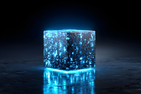 Futuristic glowing cube made of illuminated blue pixels, digital style, on a dark background with glossy floor reflection, concept of data and technology. 