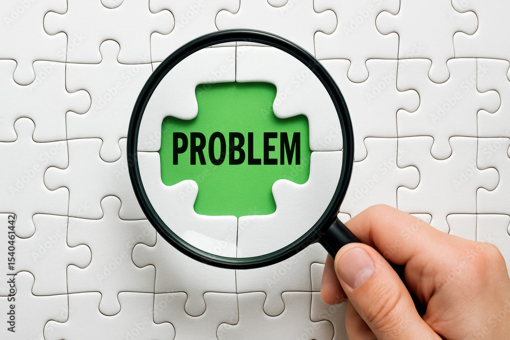 Poster a magnifying glass highlights a missing puzzle piece revealing the word 'problem' symbolizing challe