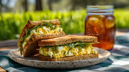 Egg salad sandwich cut in halves and layered on seeded whole grain bread, resting on a speckled ceramic plate beside a mason jar of iced tea, sun-dappled picnic blanket in a grassy park setting