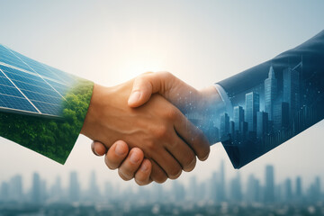A firm handshake symbolizes partnership and growth merging sustainable energy with urban development for future progress