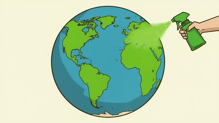 Illustration of a hand spraying green cleaner on a globe, symbolizing environmental care and sustainability