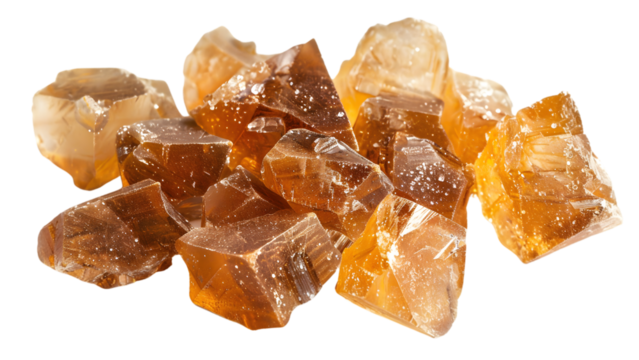 Cluster of rough golden citrine crystals with natural facets, showcasing warm hues and texture on a transparent background 