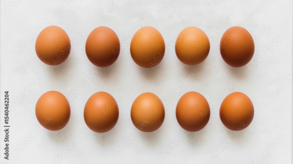 Poster neatly arranged brown-shelled eggs in two symmetrical rows on a smooth, light-colored surface with a
