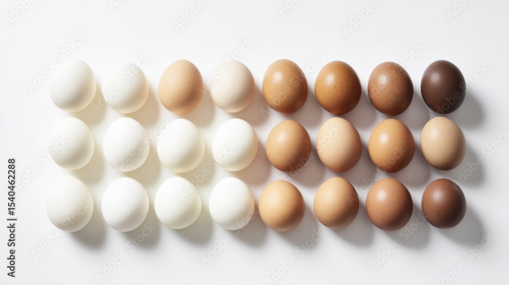 Poster neatly arranged rows of eggs on white background showcasing smooth white eggs transitioning to vario