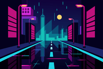 Cyberpunk City Nightscape Neon Reflections and Rain-slicked Streets