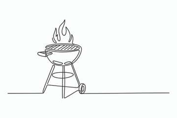 Single line drawing of a barbecue grill with flames