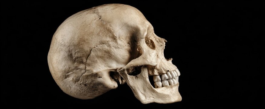 The skull displayed in profile against a dark background showcasing anatomical features.