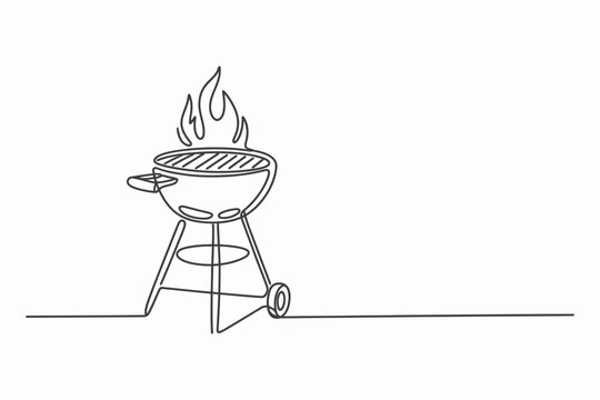Single line drawing of a barbecue grill with flames