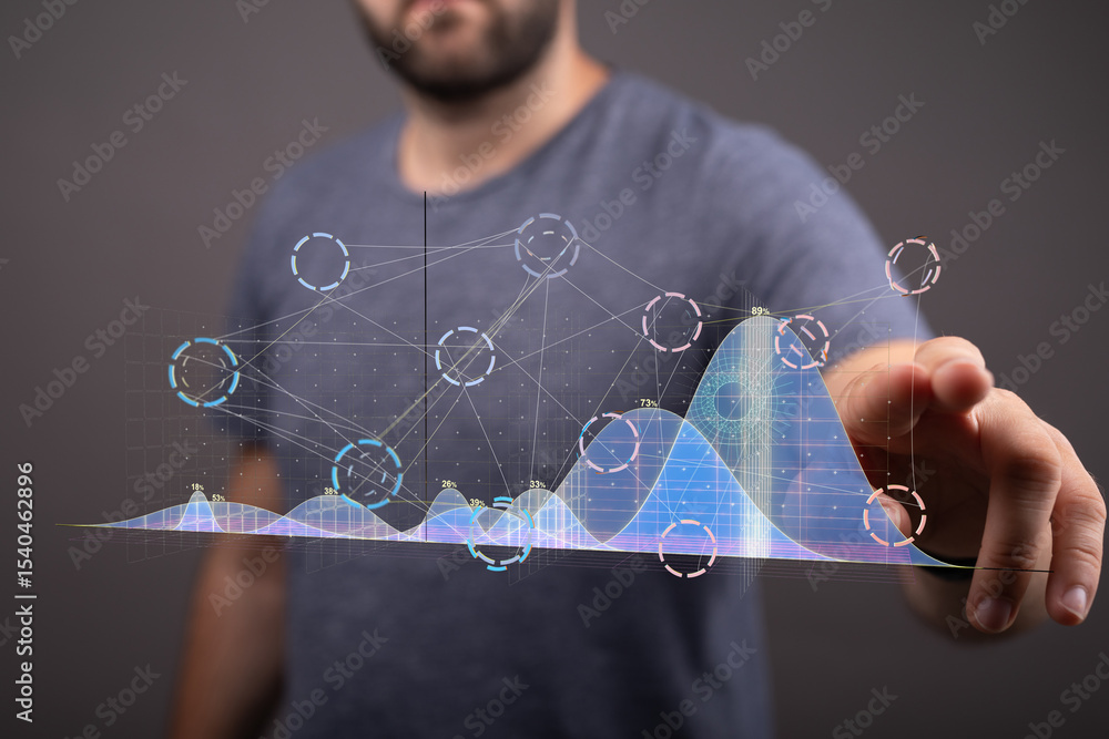 Poster a man interacts with a holographic graph, showcasing data analysis and visualization technology.