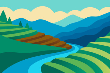 Obraz premium Serene Rice Terraces and Winding River A Breathtaking Landscape Illustration