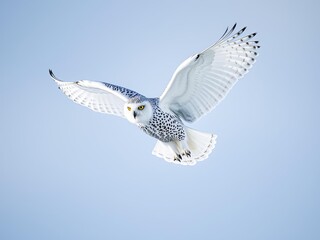 Snowy owl in flight against winter sky, wide wingspan, sharp feather details, cinematic wildlife action scene, Ai Generate.
