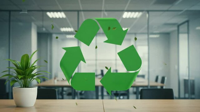 Green recycle symbol with falling leaves