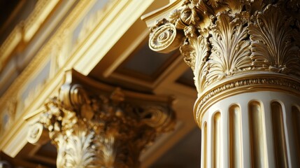 Ornate golden columns, intricate capitals, classical architecture, grandeur, detail, historical, pillars