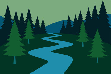Obraz premium Serene River Winding Through Evergreen Forest A Peaceful Nature Escape